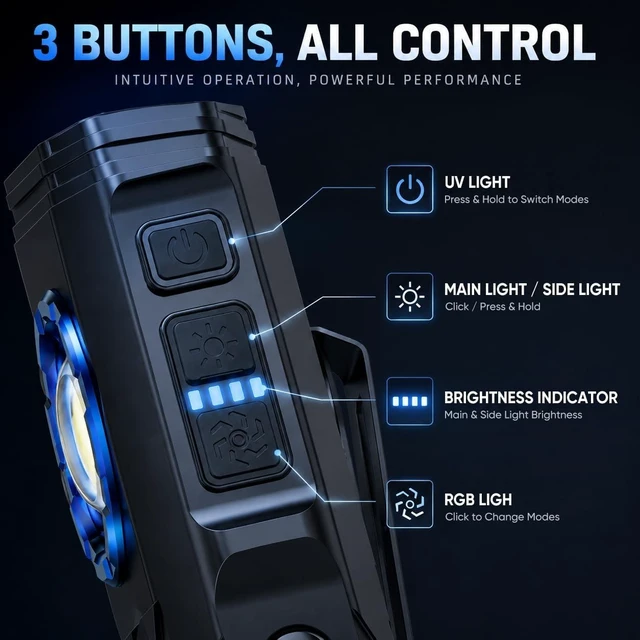 Alt view image 4 of 7 - 2800 Lumen Rechargeable Magnetic EDC Flashlight LED Clip-On Pocket Light with RGB & UV Lights for Outdoor, Camping & Working (X608 Ultra)