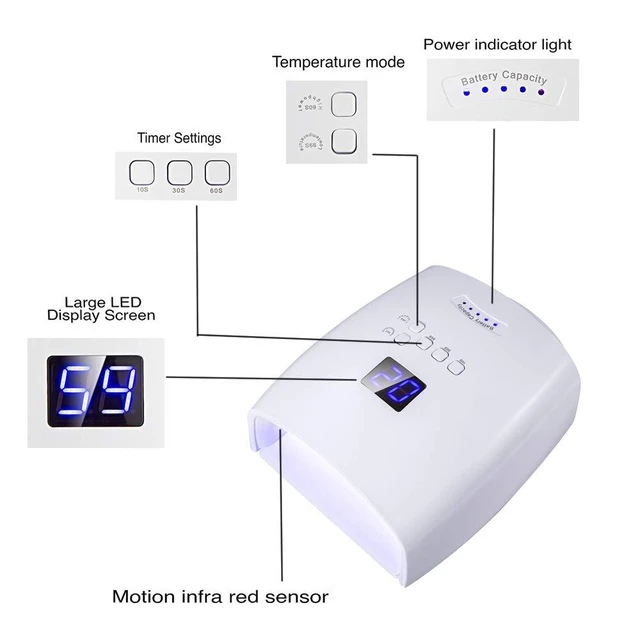 Alt view image 2 of 7 - 48W Rechargeable UV LED Nail Lamp Cordless Professional Gel Nail Art Light & Manicure Tool for Home and Salon (White)