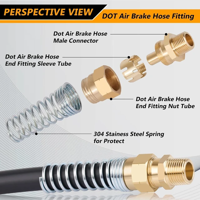 Alt view image 2 of 7 - 8PCS Brass DOT Air Brake Hose End Fittings, 1/2 Hose x 1/2 Male Connector with Spring Guard, Air Brake Line Repair Fittings with 8 Pack Sleeve Tubes