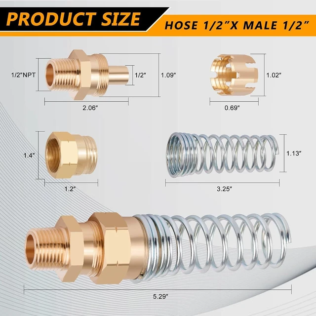 Alt view image 4 of 7 - 8PCS Brass DOT Air Brake Hose End Fittings, 1/2 Hose x 1/2 Male Connector with Spring Guard, Air Brake Line Repair Fittings with 8 Pack Sleeve Tubes