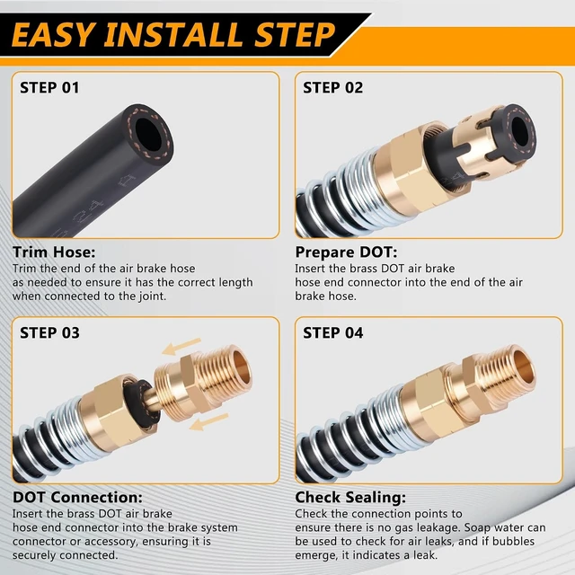 Alt view image 5 of 7 - 8PCS Brass DOT Air Brake Hose End Fittings, 1/2 Hose x 1/2 Male Connector with Spring Guard, Air Brake Line Repair Fittings with 8 Pack Sleeve Tubes
