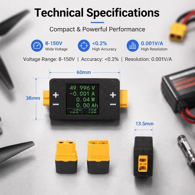 Alt view image 2 of 7 - Digital Power Meter, 8-150V 25A/50A Battery Tester for XT60, RC LiPo Discharge Monitor