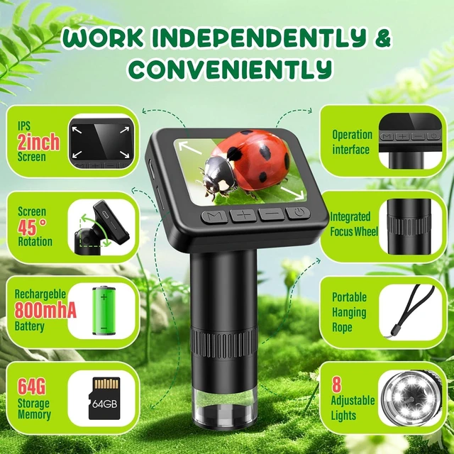 Alt view image 2 of 7 - Kids Microscope Science Kit Gift for Ages 8-12 50X-1000X Magnification, 2 inch IPS HD Screen, 32GB Card, 1080P Video, 2-Hour Battery, Slides Included