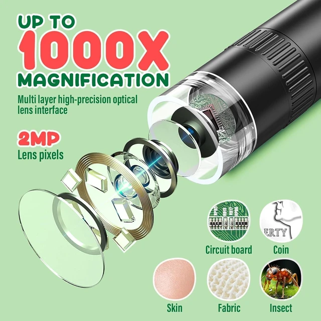 Alt view image 3 of 7 - Kids Microscope Science Kit Gift for Ages 8-12 50X-1000X Magnification, 2 inch IPS HD Screen, 32GB Card, 1080P Video, 2-Hour Battery, Slides Included