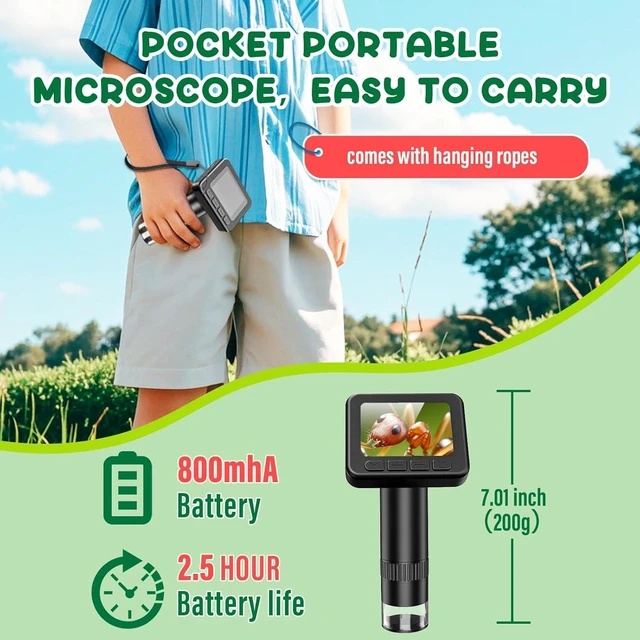 Alt view image 7 of 7 - Kids Microscope Science Kit Gift for Ages 8-12 50X-1000X Magnification, 2 inch IPS HD Screen, 32GB Card, 1080P Video, 2-Hour Battery, Slides Included