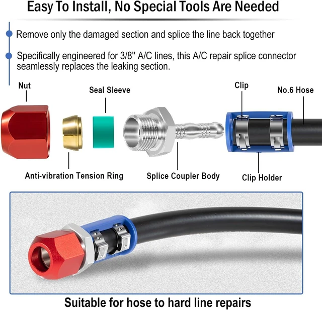Alt view image 4 of 7 - 800-671 A/C Line Splice Kit for 3/8 Line with No.6 Hose, Air Conditioning Repair Splice Connector, Universal Fit for 3/8'' Hose to Hard Lines