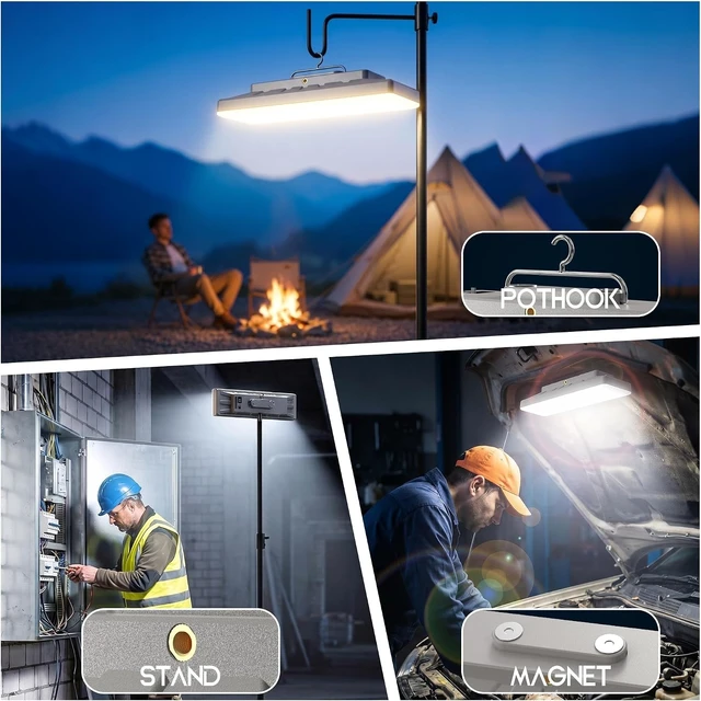 Alt view image 7 of 7 - Portable Rechargeable LED Work Light with Tripod, 10000mAh, Dimmable Cordless for Camping & Garage