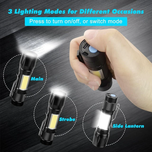 Alt view image 3 of 7 - 10-Pack USB-C Rechargeable Flashlights Zoomable Mini LED Clip-On EDC Light with Side COB, Bright for Camping, Home & Emergency