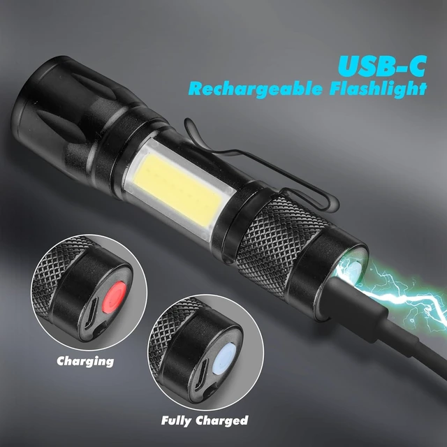 Alt view image 5 of 7 - 10-Pack USB-C Rechargeable Flashlights Zoomable Mini LED Clip-On EDC Light with Side COB, Bright for Camping, Home & Emergency