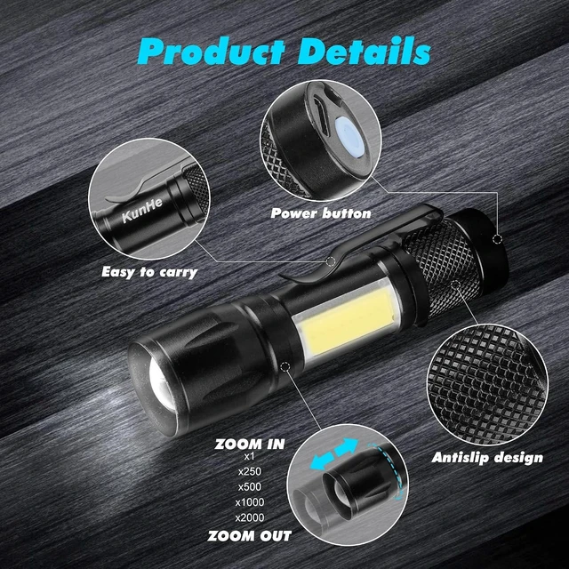Alt view image 4 of 7 - 10-Pack USB-C Rechargeable Flashlights Zoomable Mini LED Clip-On EDC Light with Side COB, Bright for Camping, Home & Emergency