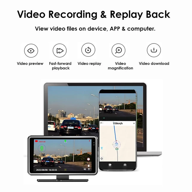 Alt view image 5 of 7 - 3-in-1 Car HUD Digital Speed Display with Dash Camera DVR Recording & GPS Tracking Replay on Map - Universal GPS Speedometer
