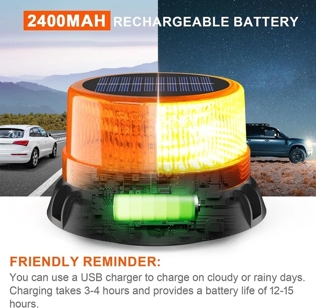 Alt view image 2 of 7 - Solar LED Wireless Strobe Lights Waterproof Rechargeable Amber Beacon with Strong Magnetic Base, Rotating Flashing Warning for Working Vehicles