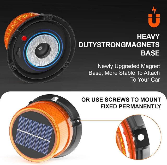 Alt view image 5 of 7 - Solar LED Wireless Strobe Lights Waterproof Rechargeable Amber Beacon with Strong Magnetic Base, Rotating Flashing Warning for Working Vehicles