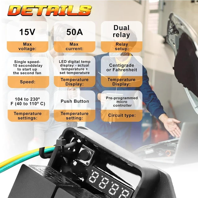 Alt view image 2 of 7 - 12V/24V Digital Radiator Fan Controller Switch, Adjustable Temperature Range, Dual Electric Fan Controller, Thermatic Fan Switch Kit, Replaces #0444