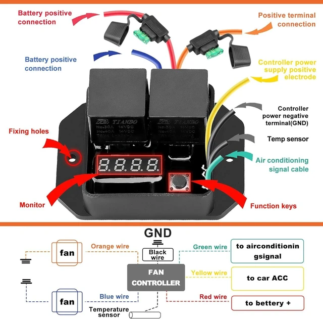 Alt view image 3 of 7 - 12V/24V Digital Radiator Fan Controller Switch, Adjustable Temperature Range, Dual Electric Fan Controller, Thermatic Fan Switch Kit, Replaces #0444