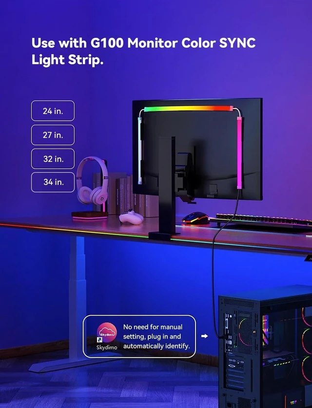 Alt view image 7 of 7 - RGB Backlight LED Strip Light for PC & Mac Syncs with Screen Color or Music, Desk-Edge Mount for Gaming, USB Powered, Software Control, 3.94ft / 1.2m