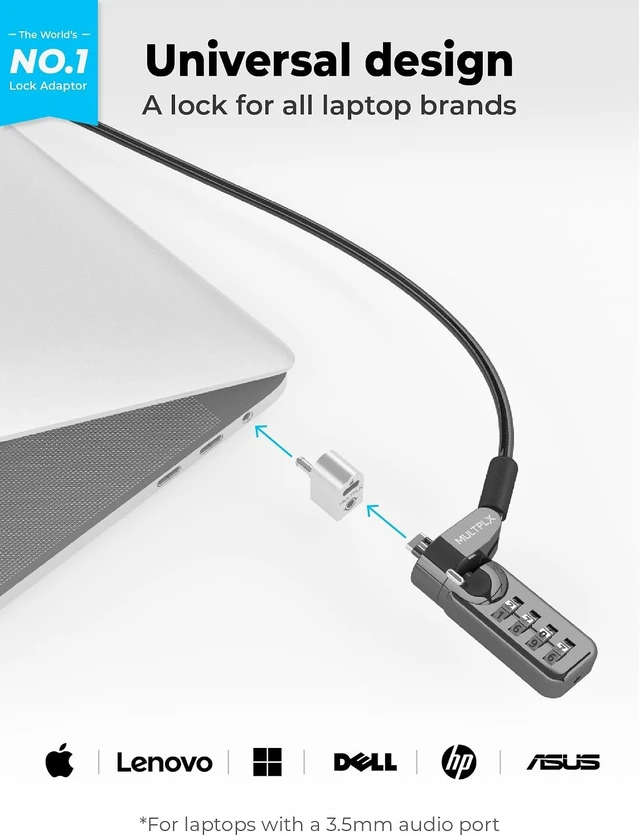 Alt view image 3 of 7 - Universal Laptop Security Lock Compatible with All Laptops incl. MacBook, 1.7m Anti-Theft Cable, 4-Digit Combination Lock, Cut-Resistant Steel