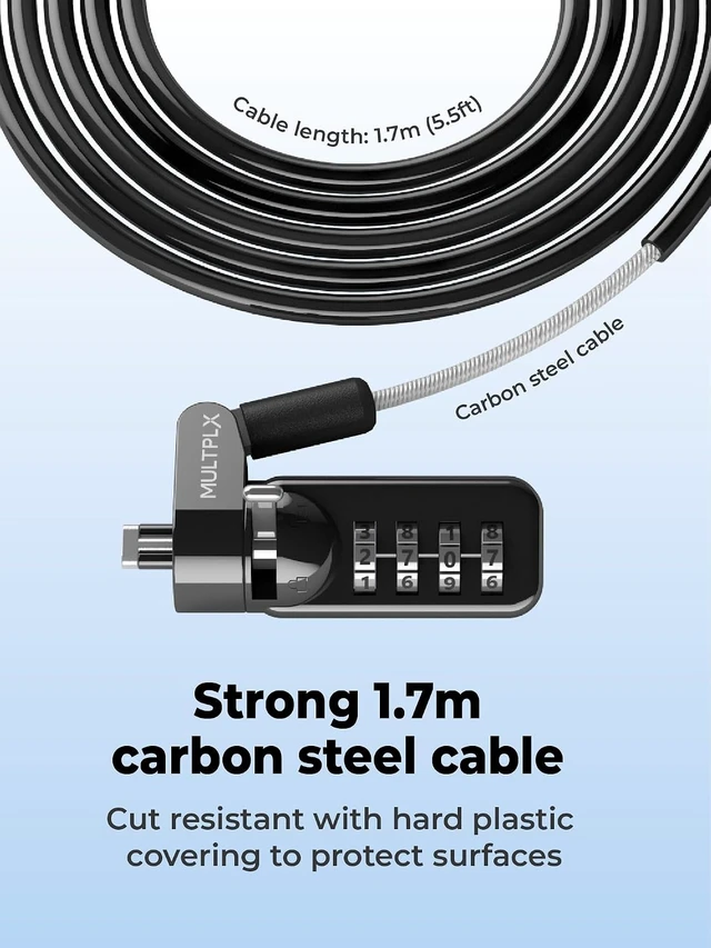 Alt view image 4 of 7 - Universal Laptop Security Lock Compatible with All Laptops incl. MacBook, 1.7m Anti-Theft Cable, 4-Digit Combination Lock, Cut-Resistant Steel