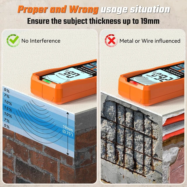 Alt view image 5 of 6 - 6-in-1 Pinless Moisture Meter Non-Destructive Detector for Wood, Drywall, Plaster, Concrete, Screed & Flooring, Audible Alarm & Rechargeable Battery