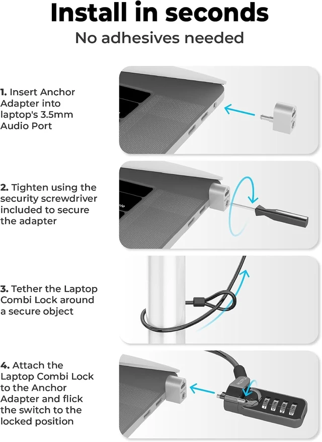 Alt view image 6 of 7 - Universal Laptop Security Lock Compatible with All Laptops incl. MacBook, 1.7m Anti-Theft Cable, 4-Digit Combination Lock, Cut-Resistant Steel