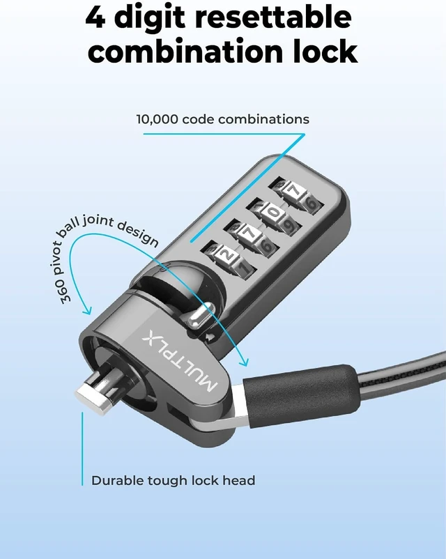 Alt view image 5 of 7 - Universal Laptop Security Lock Compatible with All Laptops incl. MacBook, 1.7m Anti-Theft Cable, 4-Digit Combination Lock, Cut-Resistant Steel