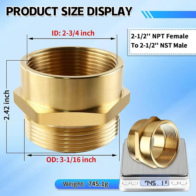 Alt view image 5 of 7 - Heavy Duty Brass Fire Hose Adapter 2-1/2" NPT Female x 2-1/2" NST Male