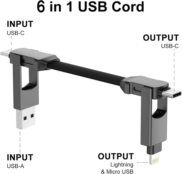 Alt view image 4 of 7 - CHAFON 6-in-1 ALL IN ONE Charger - Gray Multi Charging Cable, USB Type-C & Type-A, Fast Charge, Short