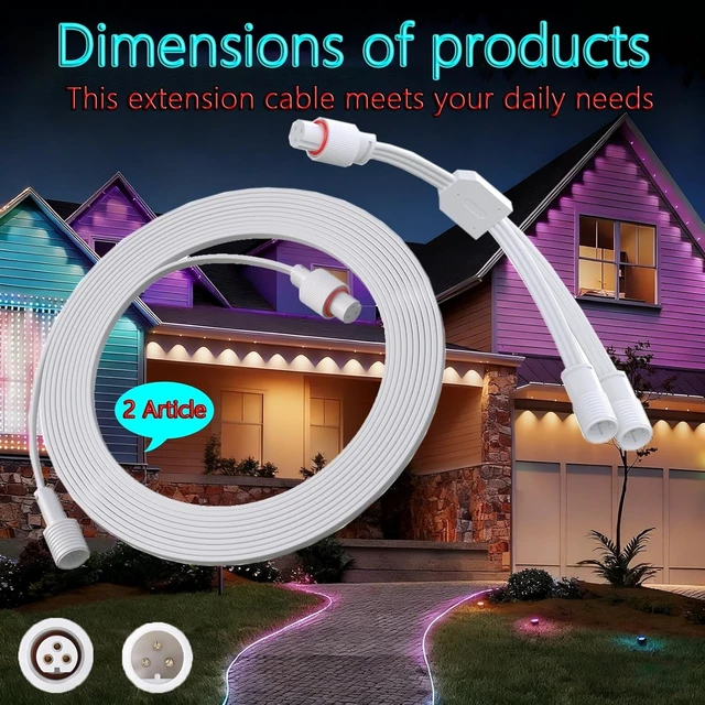 Alt view image 2 of 5 - 16FT Outdoor Lights Extension Cable with Y-Splitter for Govee, 2 Set - IP68 Waterproof 3-Pin Cord for H706A H706B H706C, H705D H705E H705F