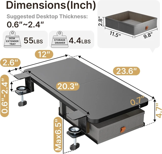 Alt view image 6 of 7 - Desk Extender Tray - 24" x 12" Clamp-On Desk Shelf with Storage Drawer, Table Desk Arm Rest & Keyboard Tray, Workstation Organizer, Medium, Black