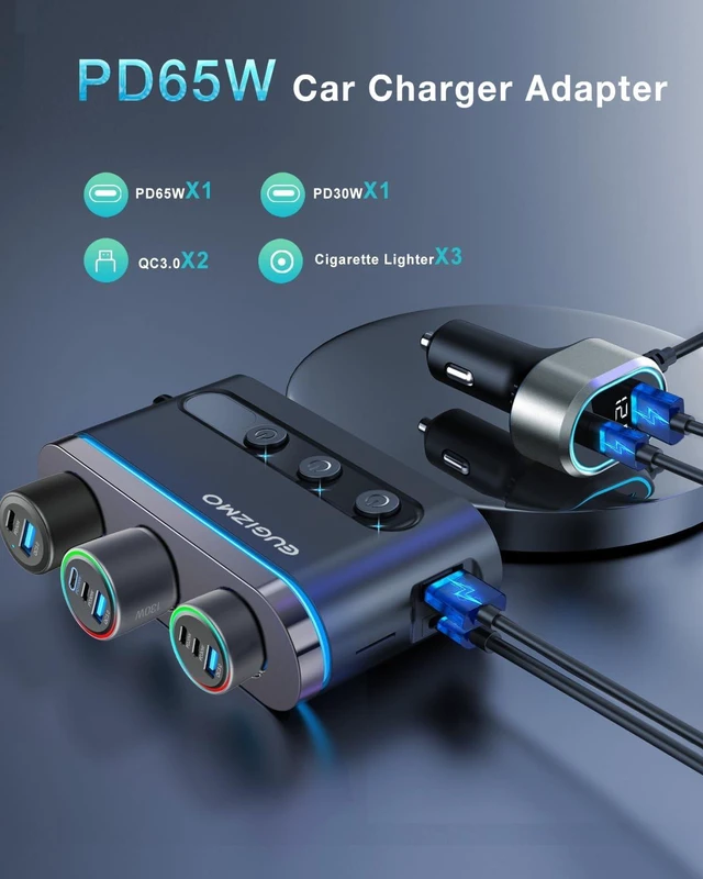Alt view image 2 of 7 - 300W Cigarette Lighter Splitter Adapter, Powerful USB-C Car Charger Port with PD 65W/30W & QC3.0 Fast Charging for MacBook, Laptop, iPad, iPhone