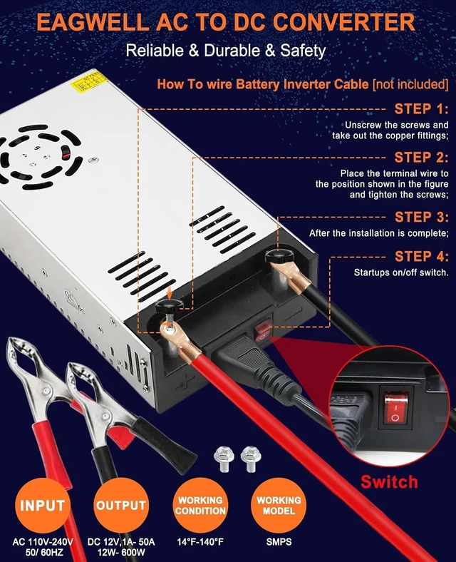 Alt view image 5 of 7 - 110V AC to 12V DC Converter, 600W 50A Power Supply | New Version Universal SMPS Transformer for RV, Pump, LED Strip, CCTV, Car Stereo & Diesel Heater