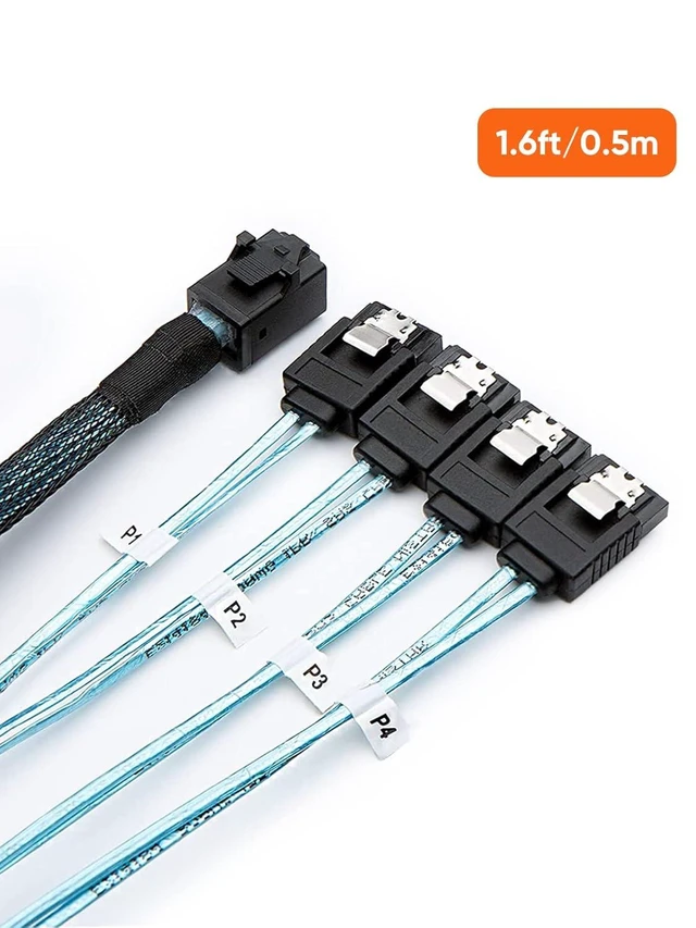 Alt view image 7 of 7 - 2-Pack 1.6FT/0.5M Internal HD Mini SAS SFF-8643 Host to 4X SATA Target Cable SFF 8643 to 4 SATA, for Controller to Hard Drive Connection