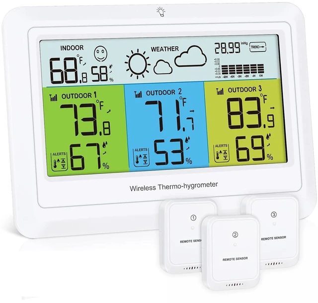 Main image of Wireless Indoor/Outdoor Weather Station 3 Sensors, Digital Thermometer & Humidity with Alert, Barometer, Backlight, Forecast for Home Office