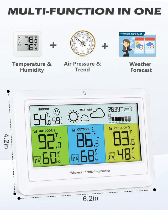 Alt view image 2 of 7 - Wireless Indoor/Outdoor Weather Station 3 Sensors, Digital Thermometer & Humidity with Alert, Barometer, Backlight, Forecast for Home Office