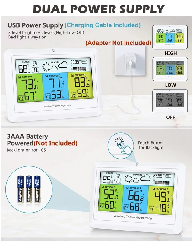 Alt view image 7 of 7 - Wireless Indoor/Outdoor Weather Station 3 Sensors, Digital Thermometer & Humidity with Alert, Barometer, Backlight, Forecast for Home Office