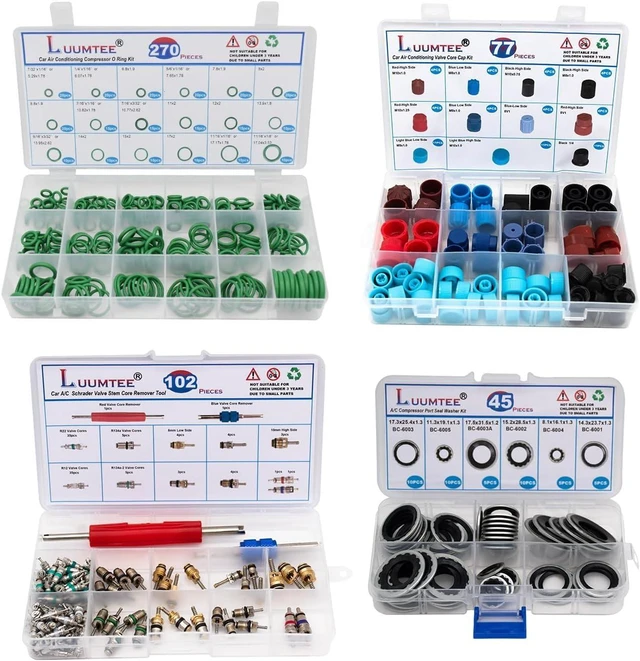 Main image of 4-Set Car A/C Repair Kit 270pcs O-Ring Seals, 102PCS A/C Valve Cores, 77pcs Charging Port Dust Caps & 45pcs Compressor Gasket Seals (494PCS)