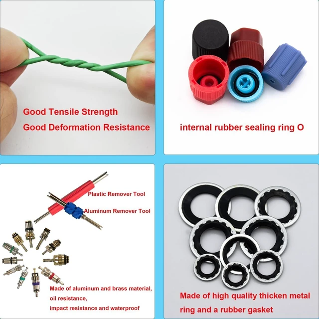 Alt view image 6 of 7 - 4-Set Car A/C Repair Kit 270pcs O-Ring Seals, 102PCS A/C Valve Cores, 77pcs Charging Port Dust Caps & 45pcs Compressor Gasket Seals (494PCS)