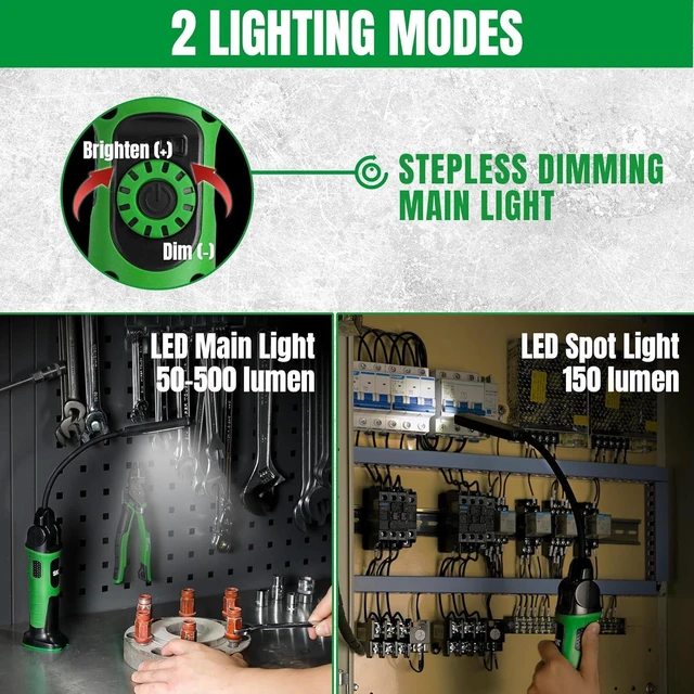 Alt view image 5 of 7 - Ultra-Slim Flexible Magnetic Work Light Rechargeable, 500 LM COB LED Light & 150 LM Spot Light with Hook, 360° Rotation, 2600mAh Battery, Stepless Dimming, for Inspection & Auto Repair