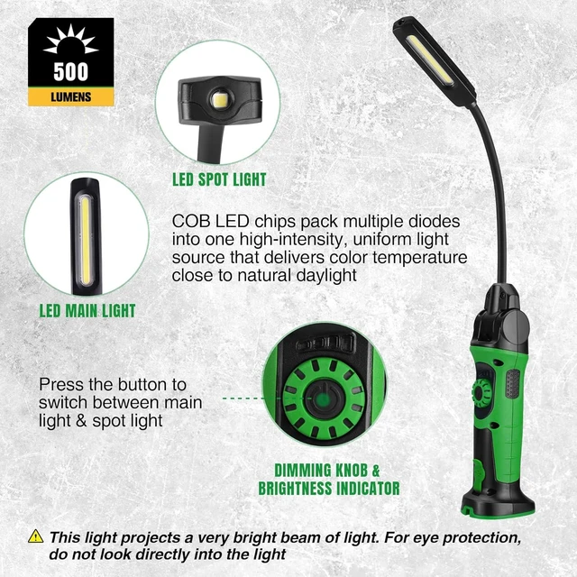 Alt view image 7 of 7 - Ultra-Slim Flexible Magnetic Work Light Rechargeable, 500 LM COB LED Light & 150 LM Spot Light with Hook, 360° Rotation, 2600mAh Battery, Stepless Dimming, for Inspection & Auto Repair