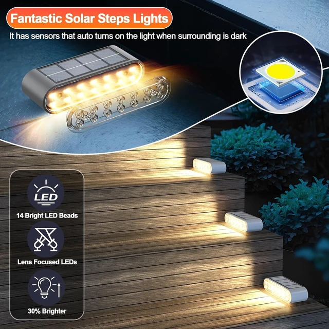 Alt view image 3 of 6 - 8 Pack IP67 Waterproof Solar Step Lights Outdoor, 14 LED Warm 3000K | Solar Powered Stair Lights for Steps, Stairs, Deck, Dock, Patio, Walkway & Porch