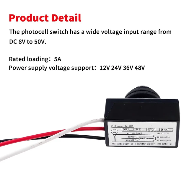 Alt view image 2 of 6 - DC 8-50V Photoelectric Switch, 5 Pack - Dusk to Dawn Photocell Light Sensor Auto ON/OFF Switch, 12V/24V/36V/48V for Lighting Systems