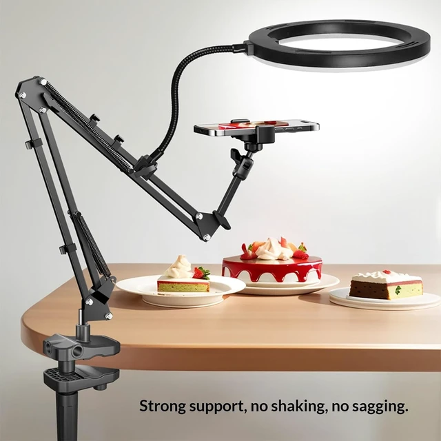 Alt view image 2 of 7 - Overhead Camera Mount with 10" Ring Light & Phone Holder, Adjustable Desk Tripod for Streaming & Cooking