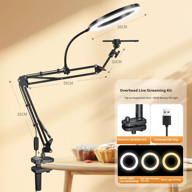Alt view image 7 of 7 - Overhead Camera Mount with 10" Ring Light & Phone Holder, Adjustable Desk Tripod for Streaming & Cooking