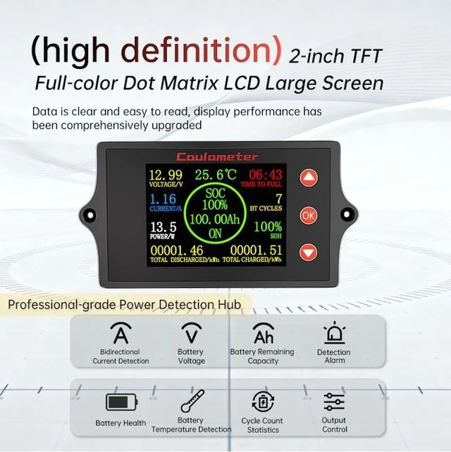 Alt view image 2 of 7 - New 300A Battery Monitor with Shunt, 8-100V 2-Inch TFT Color Screen Coulometer for Car, RV, Golf Cart, Solar Panel, Multi-Functional & Easy to Read