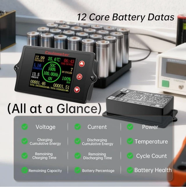 Alt view image 5 of 7 - New 300A Battery Monitor with Shunt, 8-100V 2-Inch TFT Color Screen Coulometer for Car, RV, Golf Cart, Solar Panel, Multi-Functional & Easy to Read