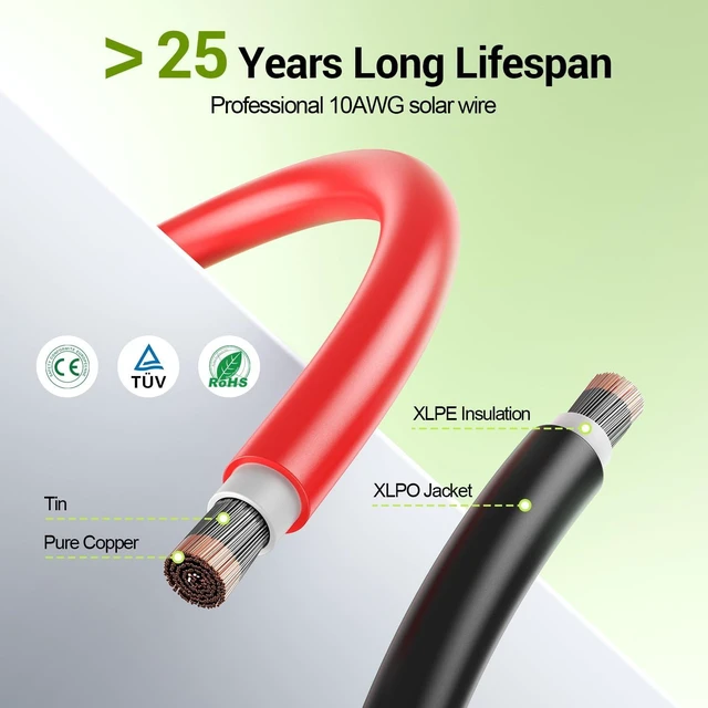 Alt view image 2 of 7 - 10AWG 30FT Solar Extension Cable, 10 Gauge Solar Panel Wire with Female & Male Connectors for Outdoor RV, Off-Grid Photovoltaic Systems (Black+Red)