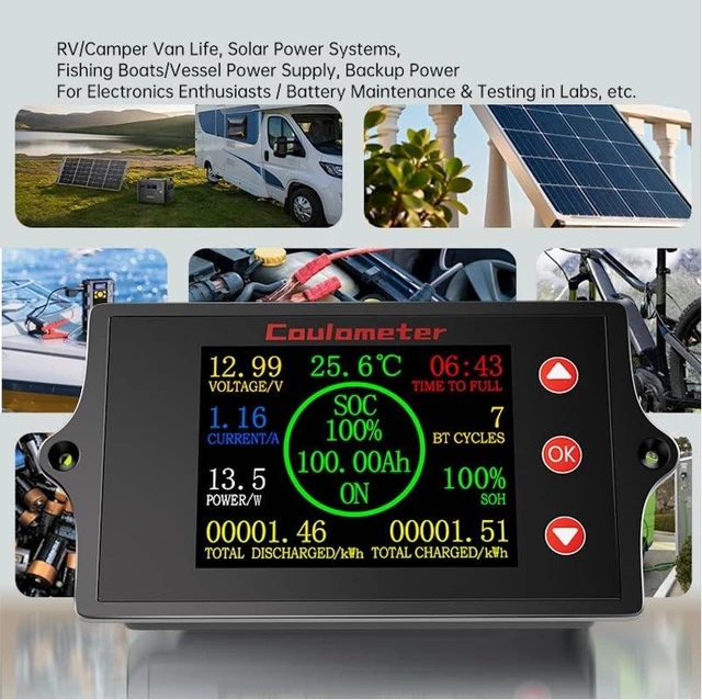 Alt view image 6 of 7 - New 300A Battery Monitor with Shunt, 8-100V 2-Inch TFT Color Screen Coulometer for Car, RV, Golf Cart, Solar Panel, Multi-Functional & Easy to Read