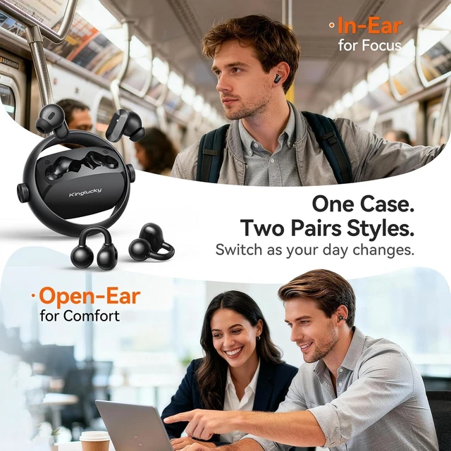 Alt view image 2 of 7 - 2-in-1 Wireless Earbuds In-Ear & Open-Ear Clip-On, Bluetooth 5.4 with Noise-Cancelling Mic, Power Swap Charging, up to 50H (Black)