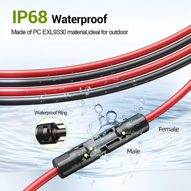 Alt view image 5 of 7 - 10AWG 30FT Solar Extension Cable, 10 Gauge Solar Panel Wire with Female & Male Connectors for Outdoor RV, Off-Grid Photovoltaic Systems (Black+Red)
