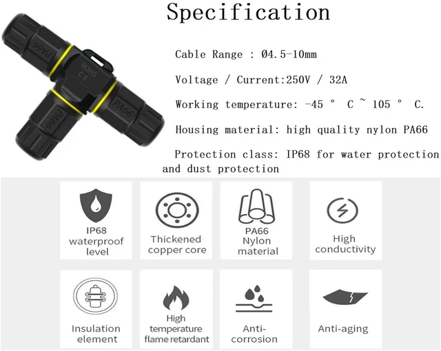 Alt view image 4 of 6 - 3-Way IP68 Waterproof Electrical Junction Box, 3-Pin Outdoor Cable Connector for Underground/Outdoor Ø0.18-0.4in, Shielded Field Installable - 4Pack